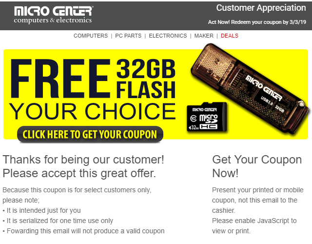 MicroCenter targeted coupon Free 32GB USB3 FlashDrive or 32GB MicroSD